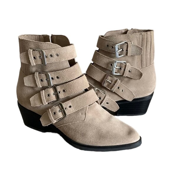 DOLCE VITA Taupe Suede Women's Quadruple Buckle Pointed-Toe Ankle Boots Size 6.5 - Picture 2 of 9